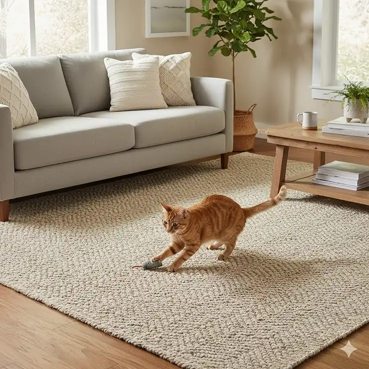 A cozy living room featuring one of the best rugs for cats who scratch, made from durable sisal material, safely with a cat playing nearby.