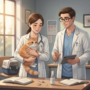 An anxious cat being gently handled by a vet technician. Discussing non-prescription and sedative options for cats before a visit.