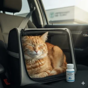 A formerly anxious cat now resting calmly in its carrier before a vet visit, demonstrating the anxiety-reducing effects of liquid gabapentin for stressful events.