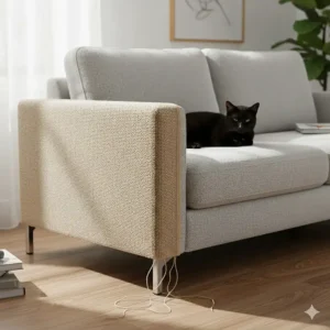 An L-shaped corner cat scratcher protecting the corner of a light grey sofa or couch from pet damage.