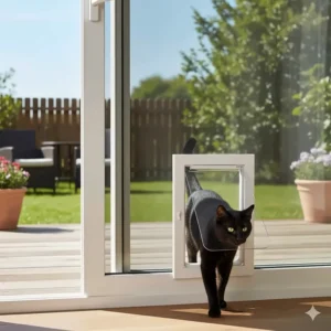 Image showing the cat door for window screen successfully installed in a large sliding window or patio screen.