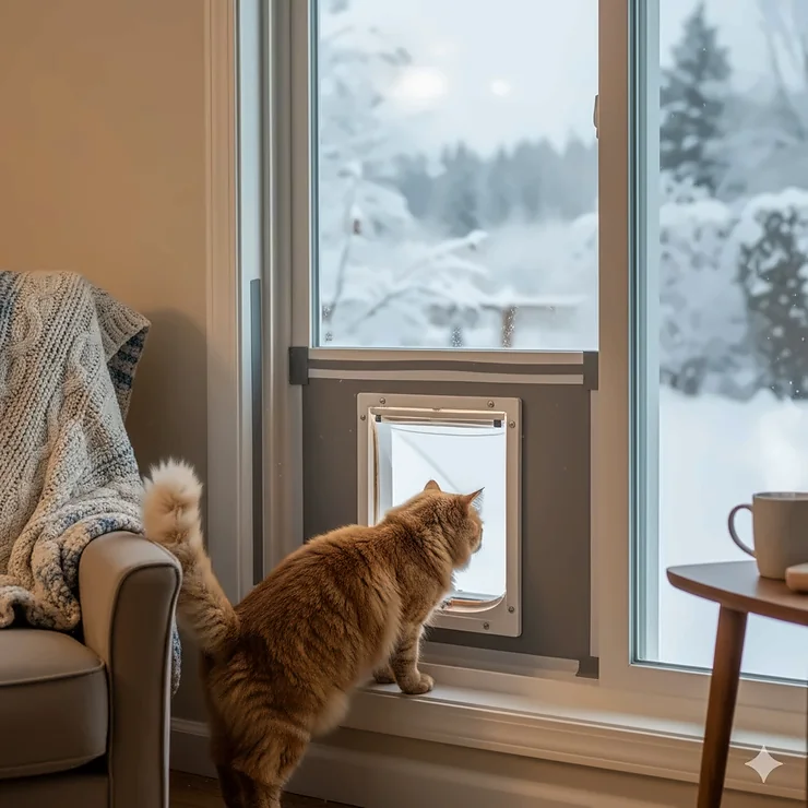 A cat is comfortably walking through a cat door for a sliding window that is installed in a home during cold weather. The window panel is securely sealed for insulation. cat door for sliding windows in cold weather