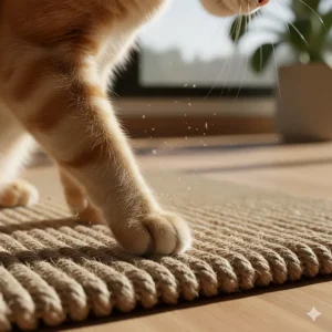 Close-up of a cat's paws gripping and shedding the outer layer of their claws on the tough surface of a sisal scratcher rug.