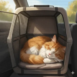 A cat resting comfortably inside a carrier during travel, likely after receiving a mild sedative for cats prescribed by a vet.