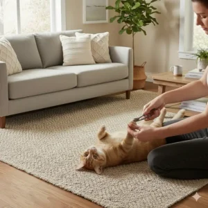 A helpful illustration showing the simple act of trimming a cat's nails, a preventative measure to reduce damage to even the best rugs.