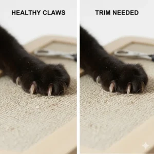 A comparison of a cat's paws using a corner scratcher versus its claws needing a trim.
