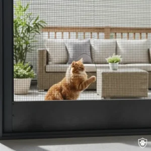Focus on the lower kick plate of a screen door, adding extra durability and protection against scratching at the bottom of the cat proof screen door.