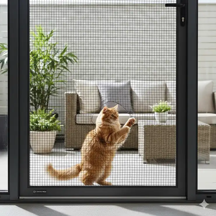 A cat proof screen door installed on a back patio, featuring a durable, heavy-duty mesh that resists scratching and pet damage from large or energetic cats.