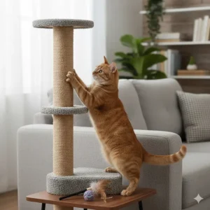 A tall, sturdy cat scratching post placed near a couch, showing the importance of providing scratching alternatives to protect the furniture.