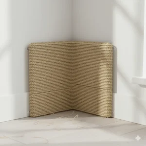 Close-up of a wall-mounted corner cat scratcher securely fitted to an interior wall corner.