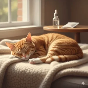 A cat resting quietly after being safely sedated for grooming or travel with an at-home calming method.