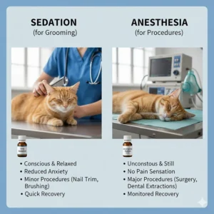 Diagram or graphic illustrating the difference between mild sedation (for general grooming) and full anesthesia (for more invasive procedures) in cats.