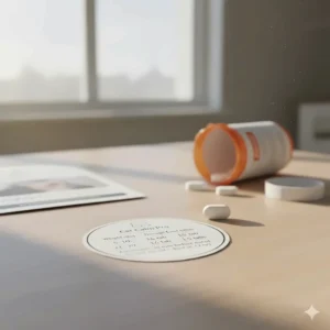 Close-up of a small pill and a dosage chart, emphasizing the importance of correct sedative dosage for cats as directed by a professional.