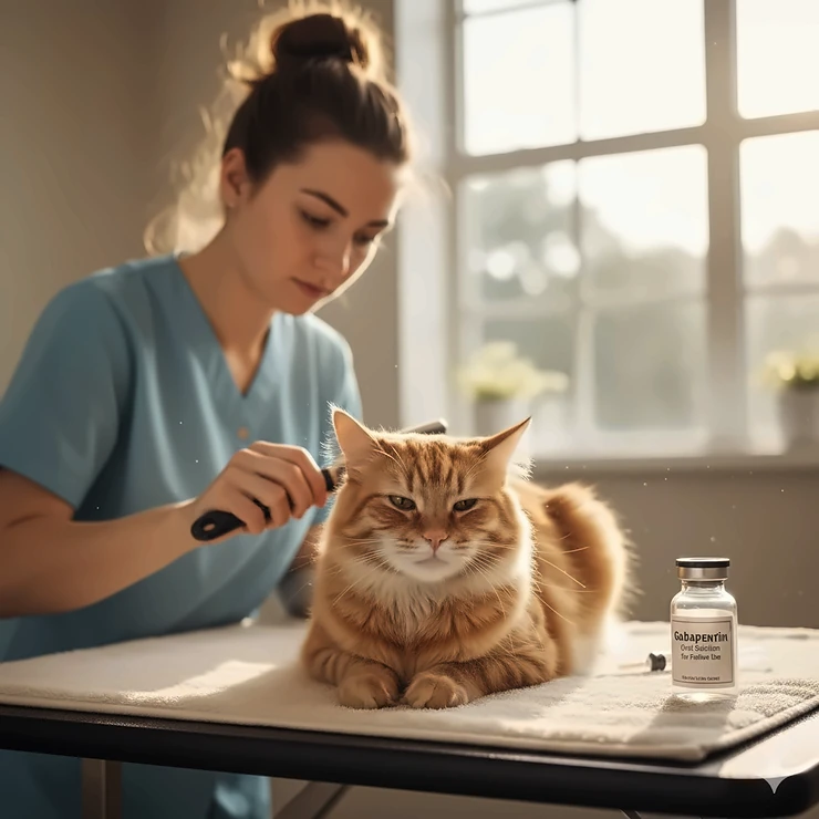 Featured image of a calm orange tabby cat being gently brushed by a professional groomer, illustrating the need for cat sedatives for grooming in anxious felines.