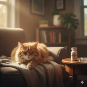 A cat exhibiting mild, temporary sedation or sleepiness after receiving liquid gabapentin, a common side effect that owners should be aware of.