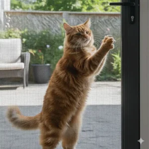 A large tabby cat attempting to climb a newly installed cat proof screen door, highlighting how the material withstands pet claws.