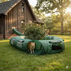Diagram showing how the outdoor cat tunnel connects securely from a house cat door or window portal to a cat enclosure.
