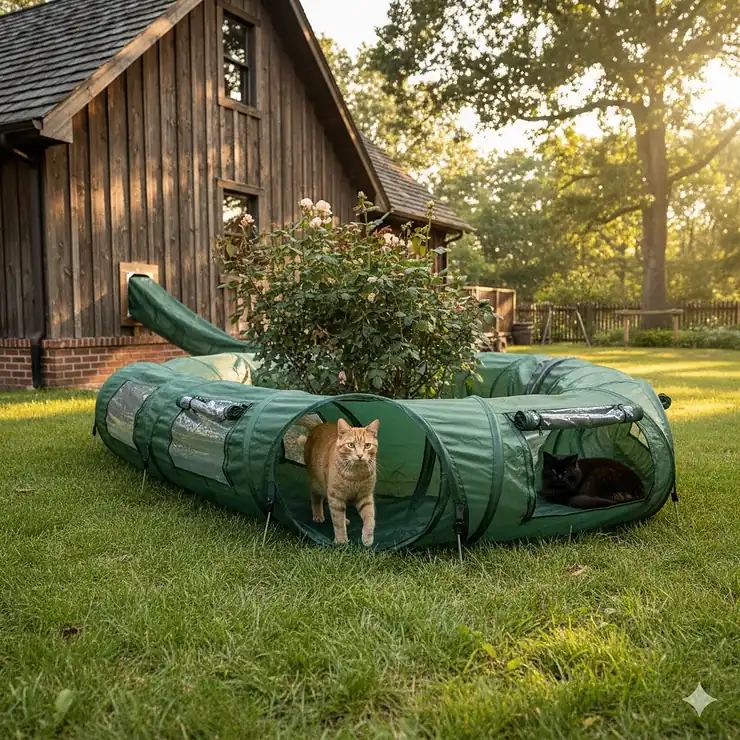 Large outdoor cat tunnel system installed in a sunny backyard, providing a safe, enclosed pathway for the cat to explore the yard and enjoy the fresh air.