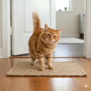 A happy adult cat actively scratching the sisal fibers of a flat cat scratcher rug placed near a doorway.