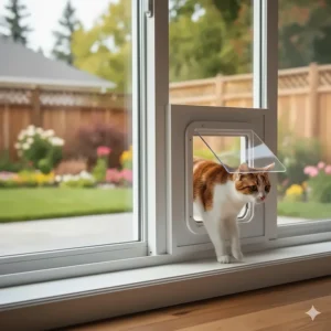 A domestic cat walking through a clear flap in a custom window cat door designed for a horizontal sliding window.