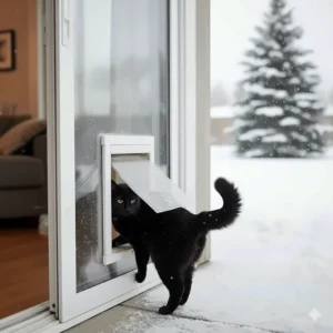 A view of a black cat using the sliding window door, showing the clearance and ease of access to the outdoors.