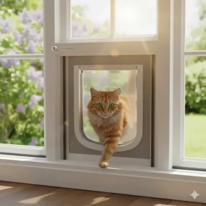 A house cat successfully entering or exiting through a vertical window cat door, illustrating practical use and convenience.