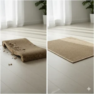 Before and after comparison showing a worn-out cardboard scratcher next to a brand-new, modern cat scratcher rug solution.
