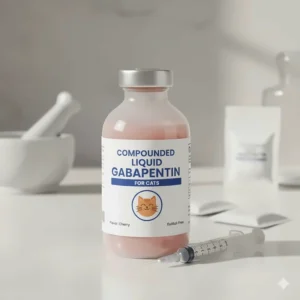 A bottle of compounded liquid gabapentin for cats, often cherry-flavored or plain, prepared by a pharmacy to ensure safe, xylitol-free dosing.