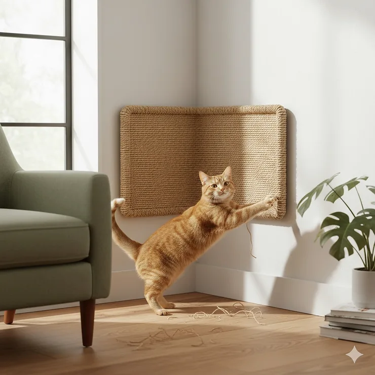 A happy cat is stretching and using a corner cat scratcher made of durable sisal rope, protecting the wall corner.