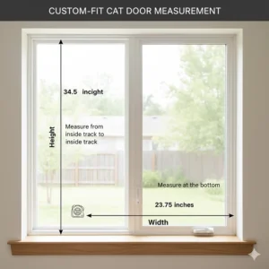 Graphic showing how to measure a window's height and width for ordering a perfect custom-fit window cat door insert.