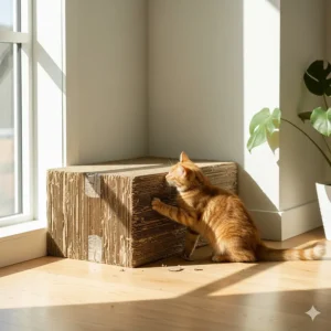 An example of a DIY corner cat scratcher made from corrugated cardboard for an affordable scratching option.
