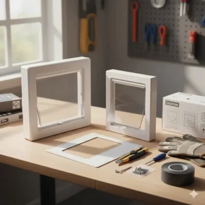 Components of the installation kit for a DIY project to add a cat door to a standard window screen frame.