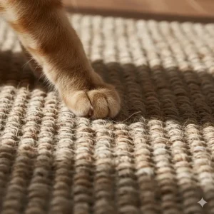 Close-up texture of a durable jute rug, showing its tight weave that resists damage from a cat's scratching.