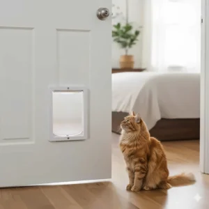 Image showing a well-finished DIY installation of a cat door in a standard six-panel bedroom door.