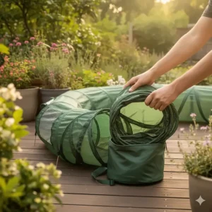 Image of a foldable cat tunnel being easily collapsed and carried, highlighting its portable design for use in the outdoor garden or balcony.