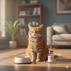 A bottle of Gabapentin medication, a common cat sedative prescribed by vets for travel and stressful grooming procedures.