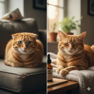 Comparing a nervous cat versus a relaxed cat after receiving a vet-approved oral sedative like Gabapentin or Trazodone at home.