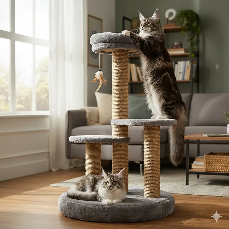A magnificent, tall cat scratching post for large cats covered in durable natural sisal rope.