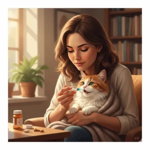 Owner carefully administering an oral sedative for cats using a syringe or pill pocket, ensuring a calm experience.