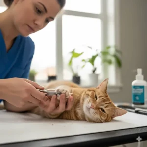 Close-up of a groomer safely trimming the nails of a cat that is calm due to cat sedatives for grooming.