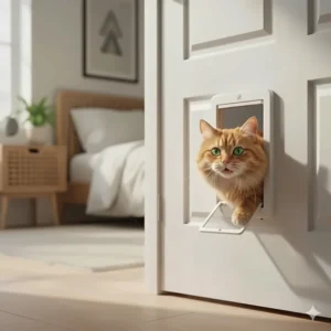 Close-up of a happy, fluffy cat passing easily through a magnetic pet door flap installed on the bedroom door.