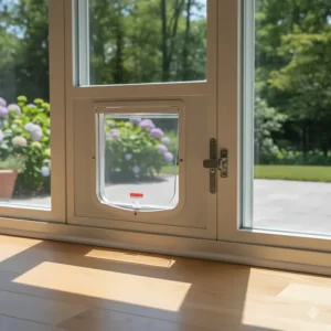 Detailed view of a horizontal cat door panel installed in a slider window (gliding window), showing the track and locking mechanism.