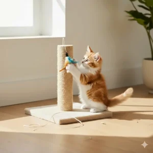 A small kitten playfully batting at a toy attached to a compact corner cat scratching post.