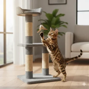 An active Bengal cat batting at a hanging toy attached to its sturdy scratching post for big cats.