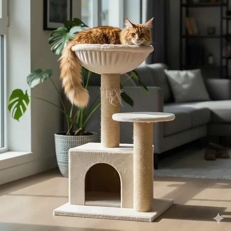 Featured image of a large Maine Coon cat napping comfortably on a plush, sturdy scratching post with bed for large cats.