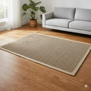 A stylish, extra-large cat scratching rug laid flat on a hardwood floor, blending into the home decor.