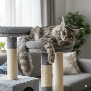 A large cat comfortably lounging on a spacious top perch of a multi-level large cat scratching post.