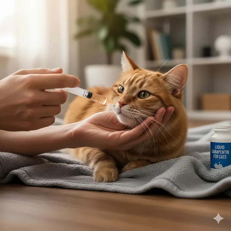 Liquid gabapentin for cats being administered orally from a syringe, a safe and common way to treat feline anxiety, pain, and seizures.