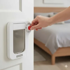 Detailed view of the 4-way locking mechanism on a modern cat door, showing how to secure the door on a bedroom entryway.