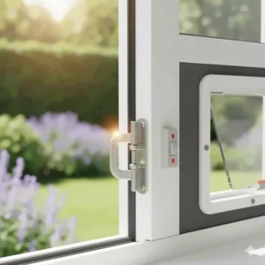 Detailed shot of a locking mechanism or security barrier on a window cat door, showing how the pet door is secured against intruders.